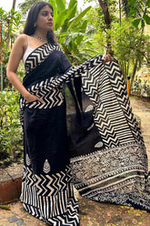Black Mul Cotton Digital Printed Saree With Pocket