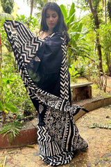 Black Mul Cotton Digital Printed Saree With Pocket
