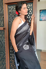 Black Mul Cotton Digital Printed Saree With Pocket