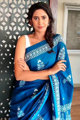 Blue Mul Cotton Digital Printed Saree With Pocket