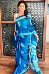 Blue Mul Cotton Digital Printed Saree With Pocket
