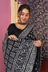 Elegant 1-Minute Ready-to-Wear Black Mul Cotton Digital Printed Saree