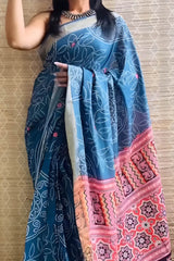 Effortless Elegance – Blue Mul Cotton Digital Printed Pre-Stitched Saree