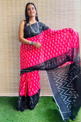 Elegant & Effortless – Dark Pink Mul Cotton Digital Printed Pre-Stitched Saree