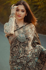 Gleaming Beige and Black Digital Printed Crape Silk Saree