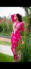 New LUCKNOW CHIKANKARI EXCLUSIVE KURTI_PENT PAIR DESIGN(Rani Pink) 40