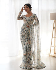 Elegant White Georgette Pre-Stitched Saree