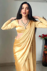 Beige Satin Silk Pre-Pleated Ready-to-Wear Saree with Unstitched Blouse
