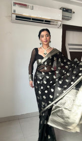 Elegant Black Cotton Silk Pre-Stitched Saree with Jacquard Detailing