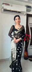 Elegant Black Cotton Silk Pre-Stitched Saree with Jacquard Detailing