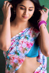 Effortless Elegance – Sky Blue Georgette Ready-to-Wear Saree