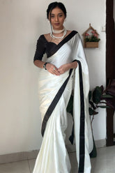 Elegant Ready-to-Wear White Satin Silk Saree with Printed Blouse Piece