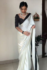 Elegant Ready-to-Wear White Satin Silk Saree with Printed Blouse Piece