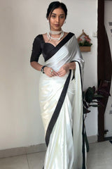 Elegant Ready-to-Wear White Satin Silk Saree with Printed Blouse Piece