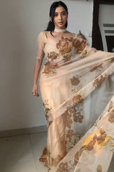 Beige Organza Silk Saree