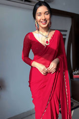 Effortless Elegance – Red Georgette Ready-to-Wear Saree