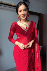 Effortless Elegance – Red Georgette Ready-to-Wear Saree