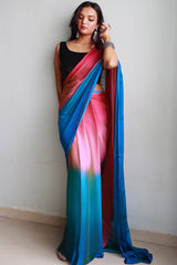 Effortless Elegance: Chiffon Silk Saree in Pink & Firozi