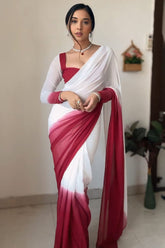 Admirable Dark Pink and White Georgette Saree with Unstitched Blouse