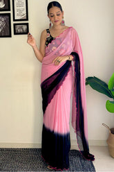 Elegant Dark Pink Georgette Saree with Printed & Sequin Embroidery – Ready To Wear Stitched Saree with Unstitched Blouse Piece