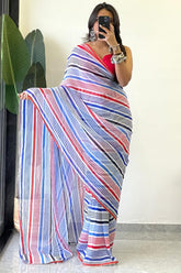 Elegant Blue Georgette Saree with Printed Design – Stitched Saree with Blouse Piece