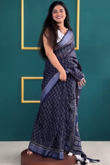 Graceful Navy Blue Cotton Printed Pre-Stitched Saree