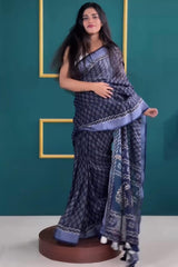 Graceful Navy Blue Cotton Printed Pre-Stitched Saree