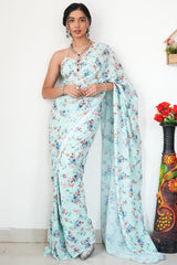 Light Sea Green Printed Satin Silk Saree