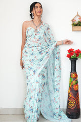 Light Sea Green Printed Satin Silk Saree