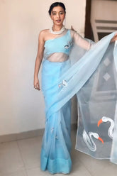 Elegant Sky Blue Organza Silk Pre-Stitched Saree