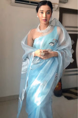 Elegant Sky Blue Organza Silk Pre-Stitched Saree