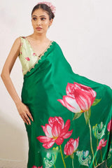 Dark Green Satin Silk Pre-Stitched Saree with Hand Work Border