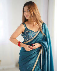 Opulent Crush Silk Saree in Blue with Golden Border