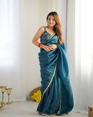 Opulent Crush Silk Saree in Blue with Golden Border