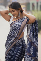 Charismatic Navy Blue Cotton Pre-Stitched Saree