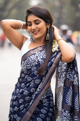 Charismatic Navy Blue Cotton Pre-Stitched Saree