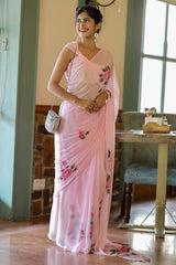 Graceful & Effortless – Pink Georgette Pre-Stitched Saree