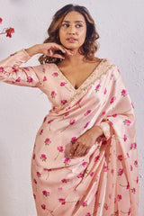 Elegant Peach Satin Silk Ready-To-Wear Saree