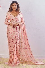 Elegant Peach Satin Silk Ready-To-Wear Saree