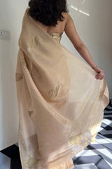 Graceful Elegance – Peach Malai Satin Silk Pre-Stitched Saree