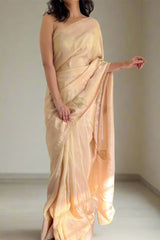 Graceful Elegance – Peach Malai Satin Silk Pre-Stitched Saree