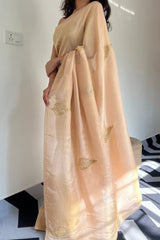 Graceful Elegance – Peach Malai Satin Silk Pre-Stitched Saree