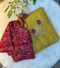 Yellow Bandhej Saree with cutdana work with Blouse.