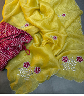 Yellow Bandhej Saree with cutdana work with Blouse.