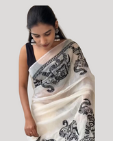 White Linen Saree with Black Border and Elephant Block Prints