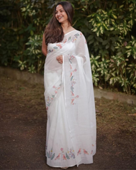 White Pure Linen Cotton Saree