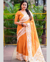 Yellow Cotton Saree With Blouse Piece For Women.