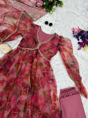 Elegant Organza Silk Fully Stitched Anarkali Suit with Digital Printed Lace Dupatta – Party & Function Wear