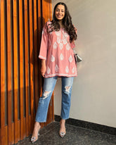 Women Chikan Embroidery Cotton A-line Kurta (Peach) 45