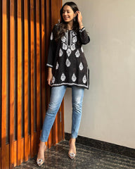Women Chikan Embroidery Cotton A-line Kurta (Black) 42